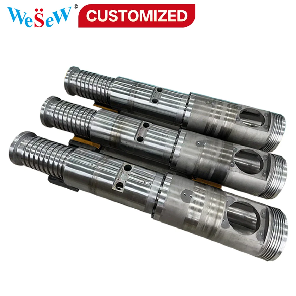 Custom 51/105 conical twin-screw extruder and barrel with 200%–300% calcium carbonate (CaCO₃) content for SPC baseboards
