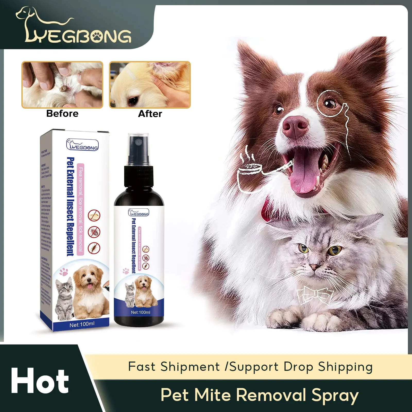 Spray Anti-puces pour animaux de compagnie, soulagement de la peau des démangeaisons, contrôle des tiques, traitement des puces des chats, Antiparasite, répulsif d'insectes, liquide apaisant pour la rosée des chiens