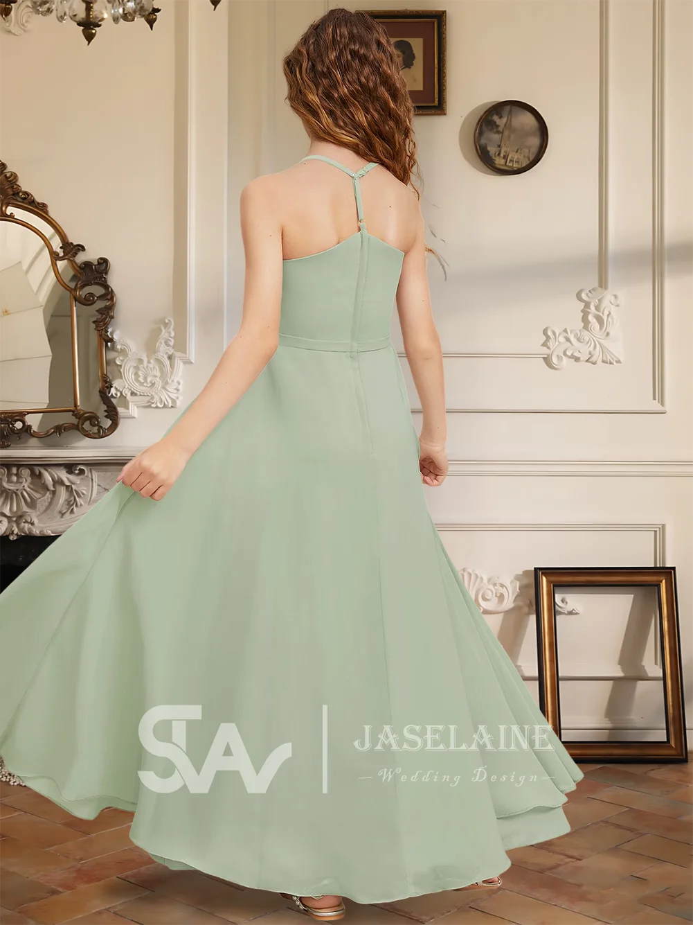 Элегантное шифоновое платье трапециевидной формы с v-образным вырезом длиной до пола, платье подружки невесты без рукавов, праздничное свадебное платье для девочек с цветочным узором