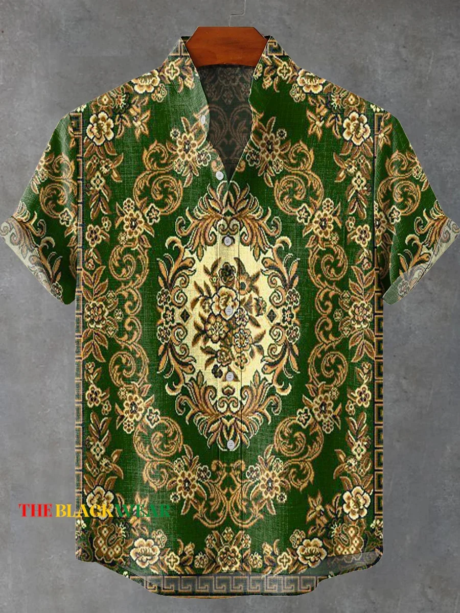 新しいレトロ部族トーテムパターンプリントメンズ新しいリネン快適な生地半袖シャツカジュアルストリートファッション配信 su