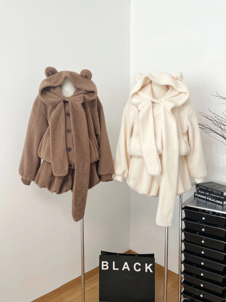 

Sweet Girl Plush Suit Women's Winter Bear Ears Hooded Lamb Wool Coat High Waist A-line Short Skirt Two-piece Set Female Clothes