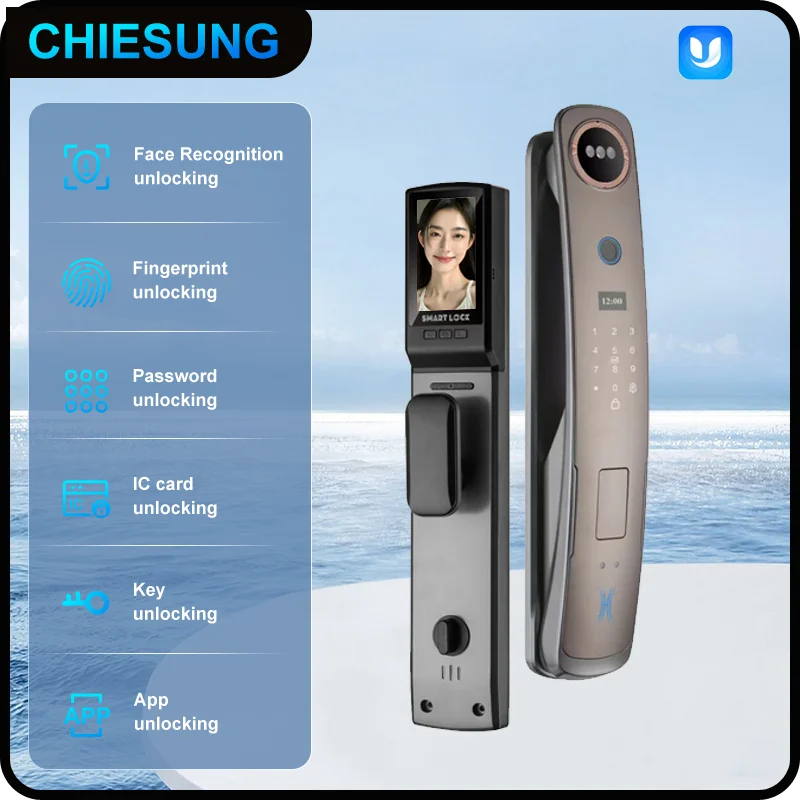 CHIESUNG 3D Face Smart Door Lock with Screen Digital Password Electronic Key IC Card APP Unlock Home Fingerprint Locks