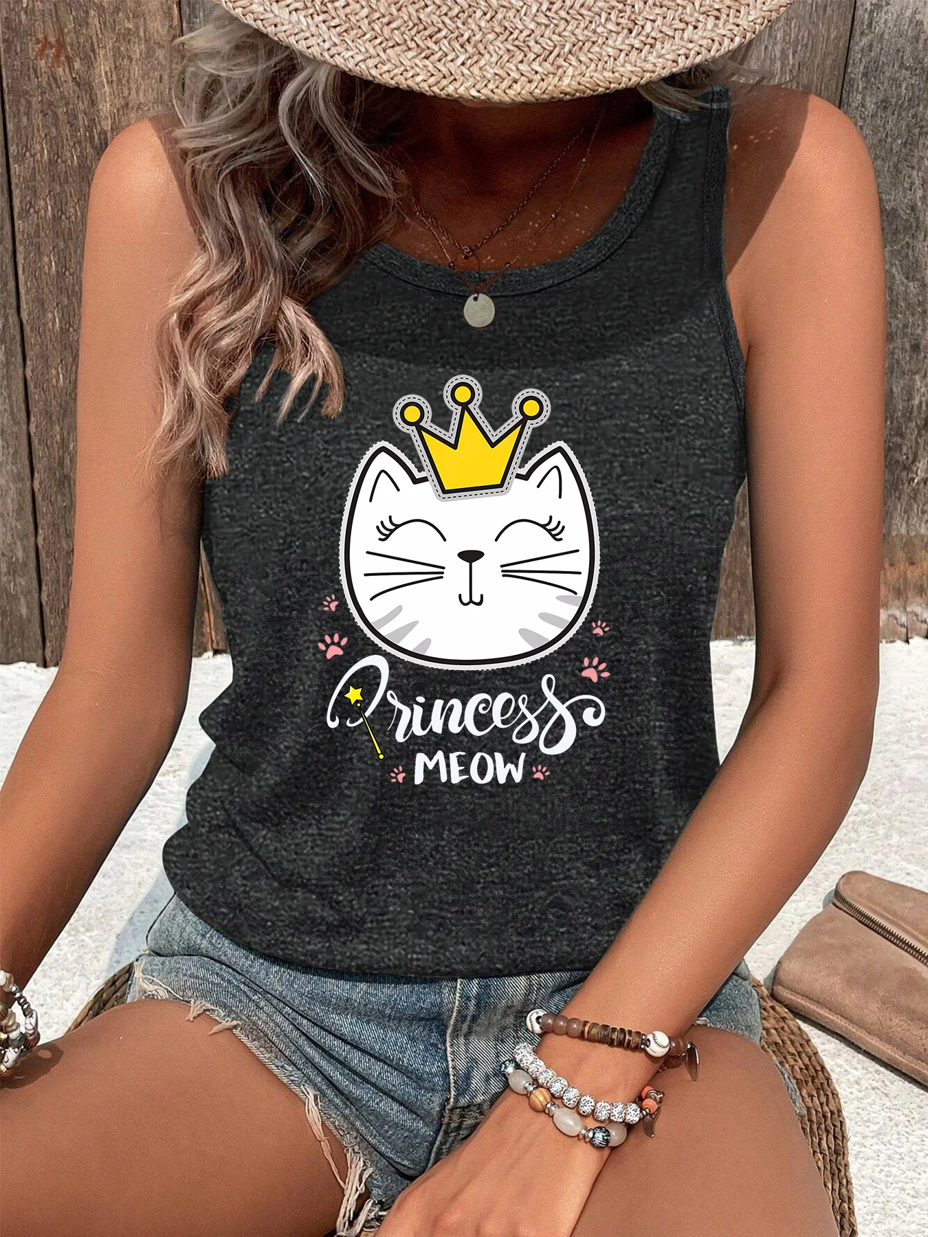 Laughing Cat Princess Meow Summer Fashion Funny Sports Women's Tank Top Loose O Neck Sleeveless Casual Tank Top