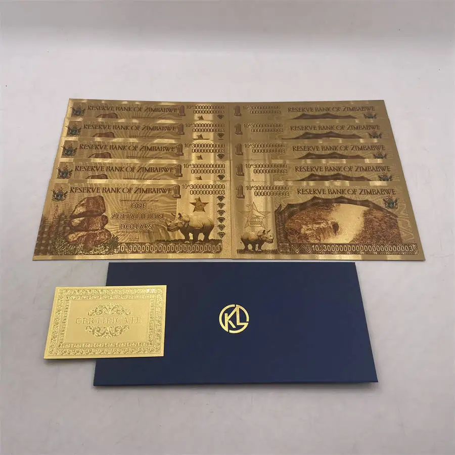 

10pcs Zimbabwe One Zettalilion Dollars Gold Banknote with UV light for Business Gifts