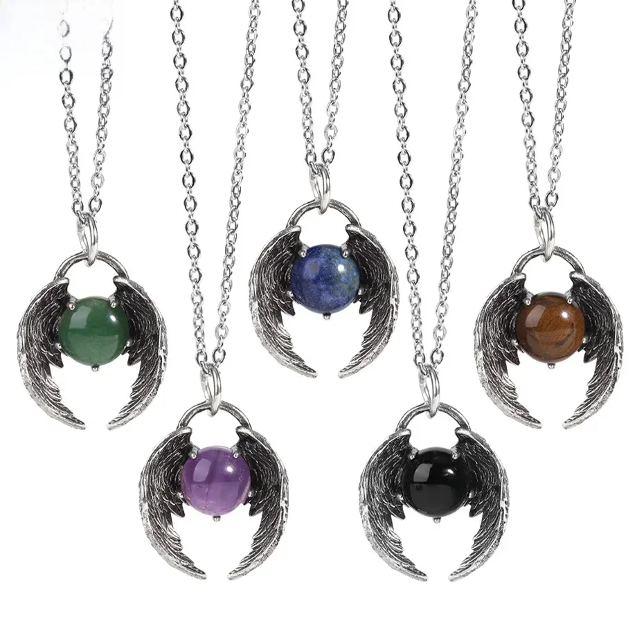 Csja Flügel Halskette Naturstein Cabochon Perle Anhänger Heilung Amethysten weißen Kristall Edelstahl Kette Halsketten h514