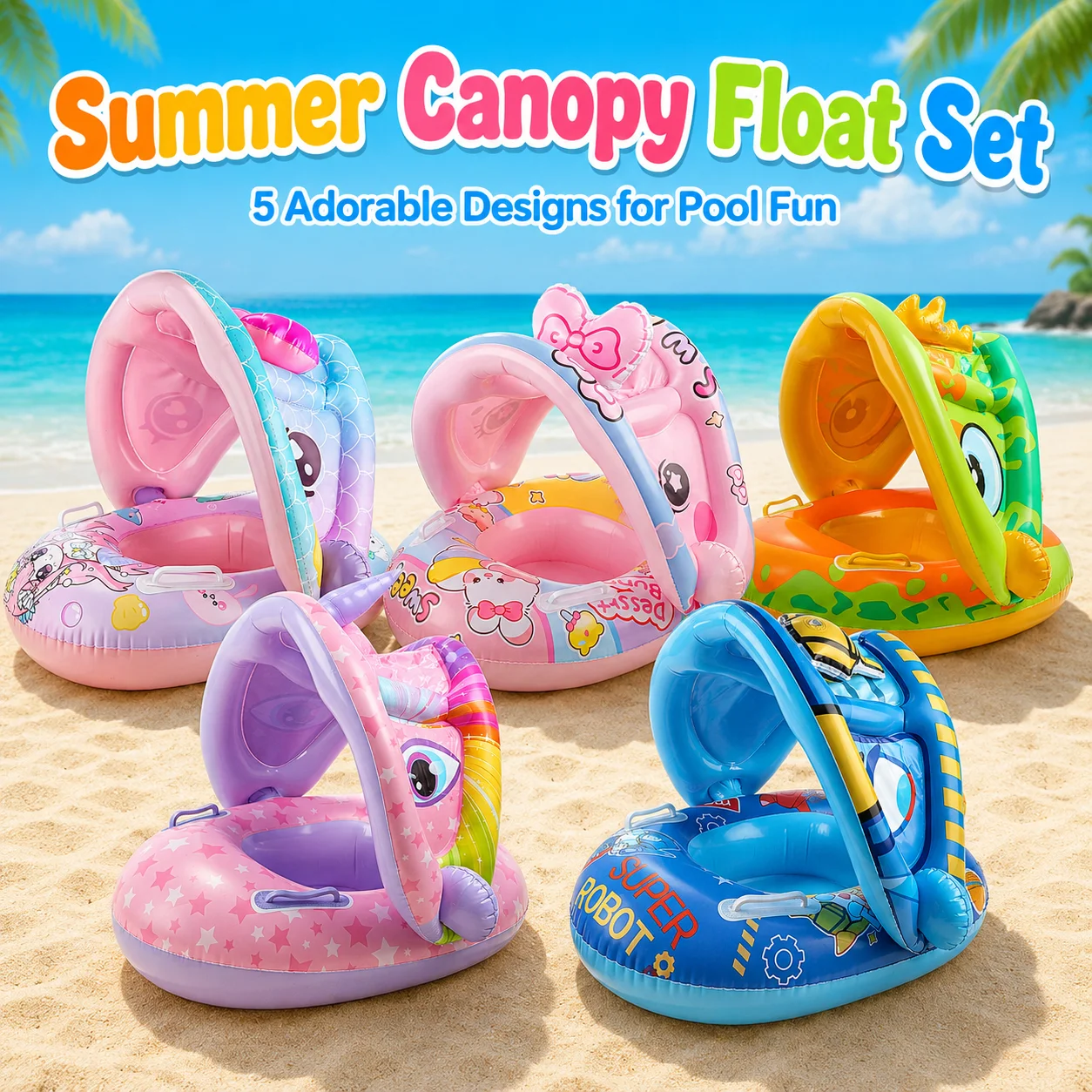 1PC Float with Canopy, Inflatable Toddler Pool Float with Seat & Handle & Steering Wheel, Portable for Girls, Boys