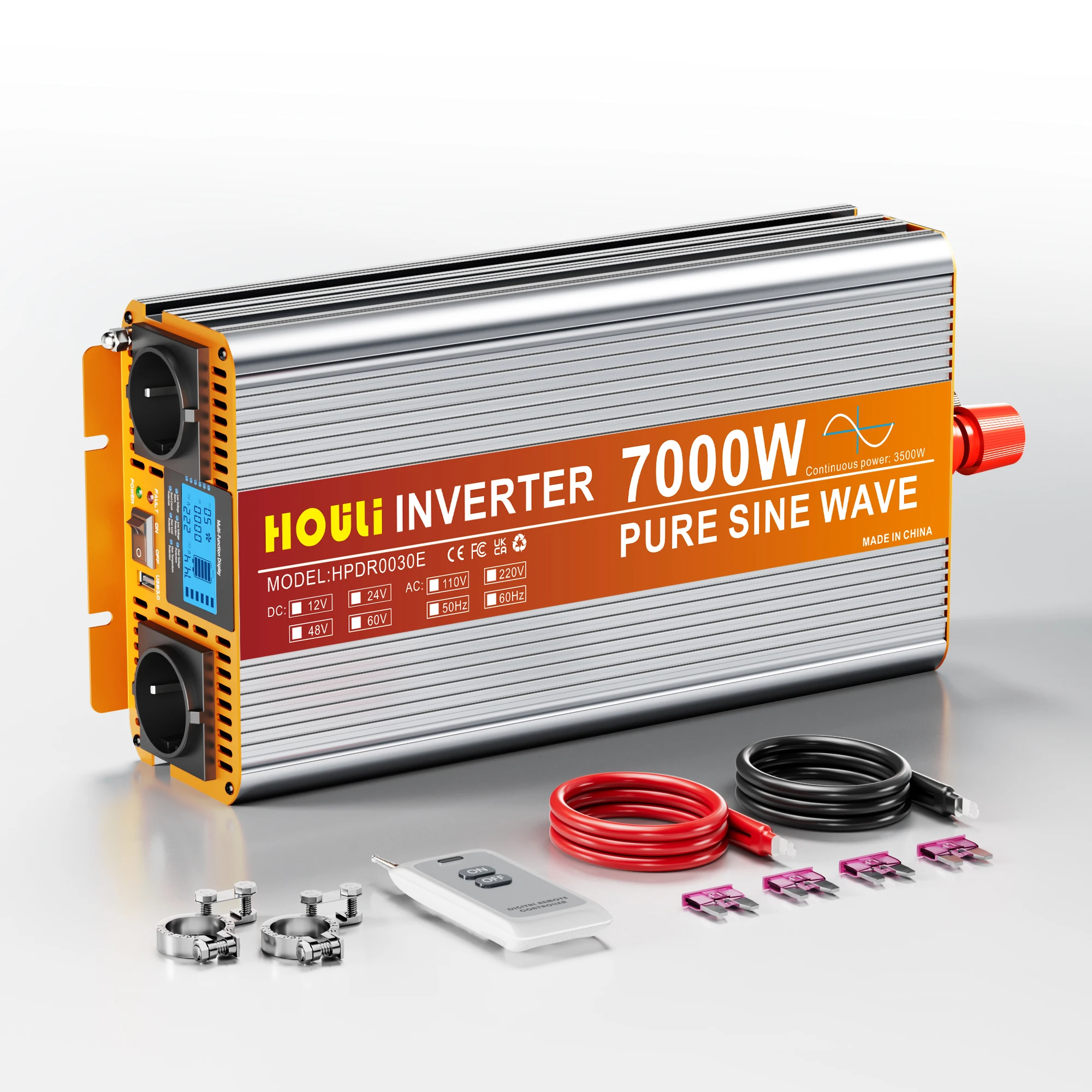 HOULI Onduleur à onde sinusoïdale pure 12 V 220 V 24 V Convertisseur de fréquence Sinus propre 7000 W/6000 W/5000 W/4000 W/3000 W 2 prises UE Appareil électroménager