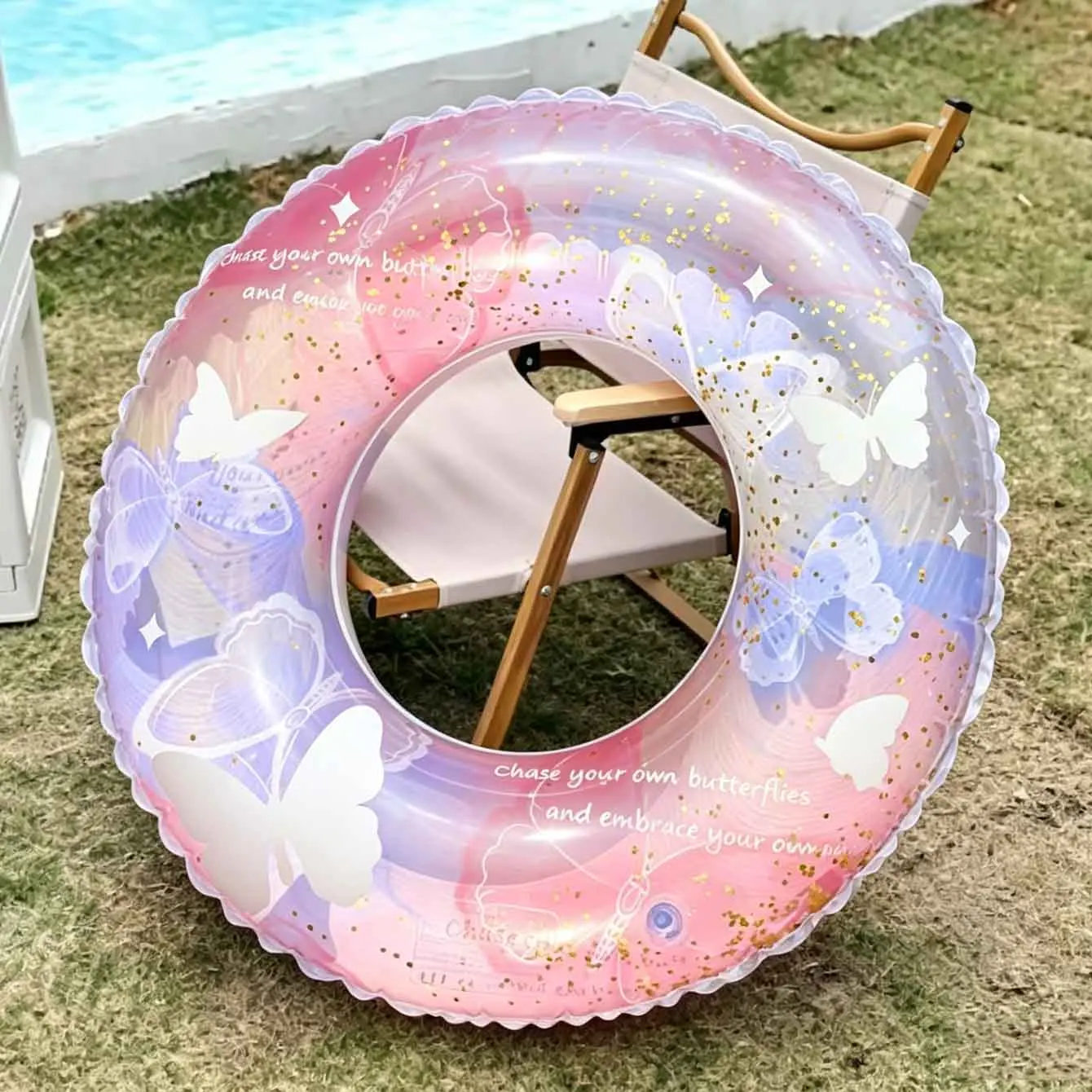 1PC Inflatable Pool Floats Tube Butterfly Print Swim Ring Transparent Pink PVC for Beach Pool Holiday