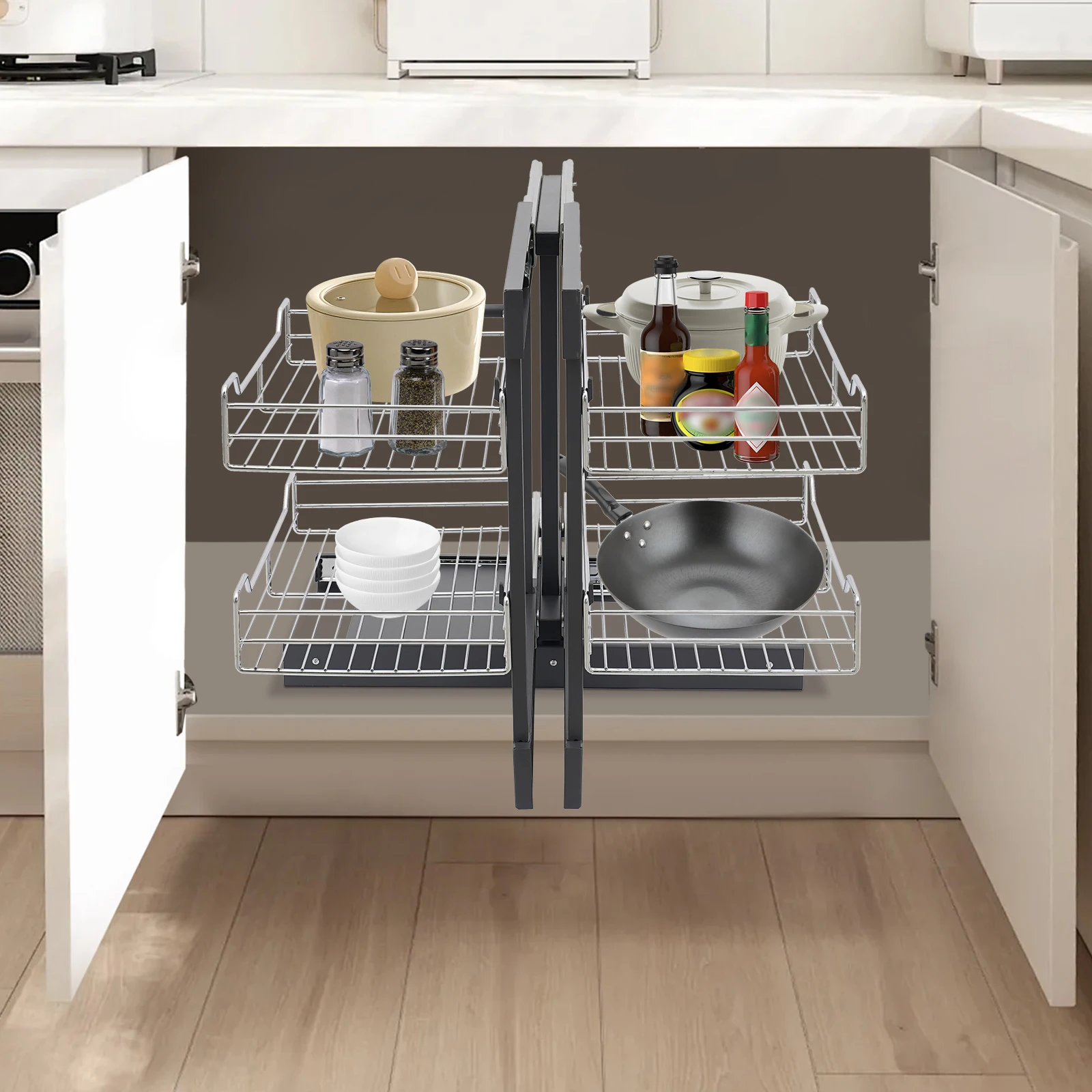 Pull-out Cupboard Organizer, Pull-out Pantry Shelves, Corner Pull-out Organizer, Cabinet Bottom Mount, for Kitchens, Bathrooms, and Laundries