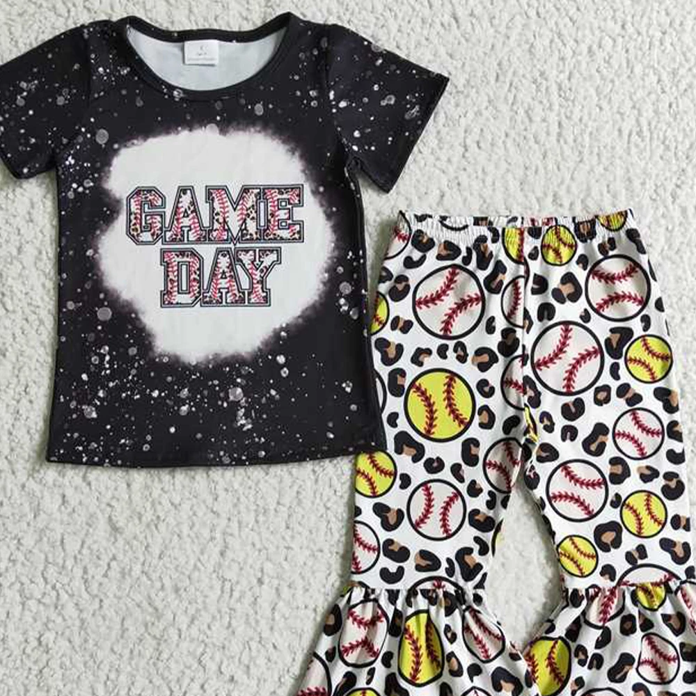 GSPO0214 Baby Girls Spring Outfits Baby Girls Game day softball bell pants sets