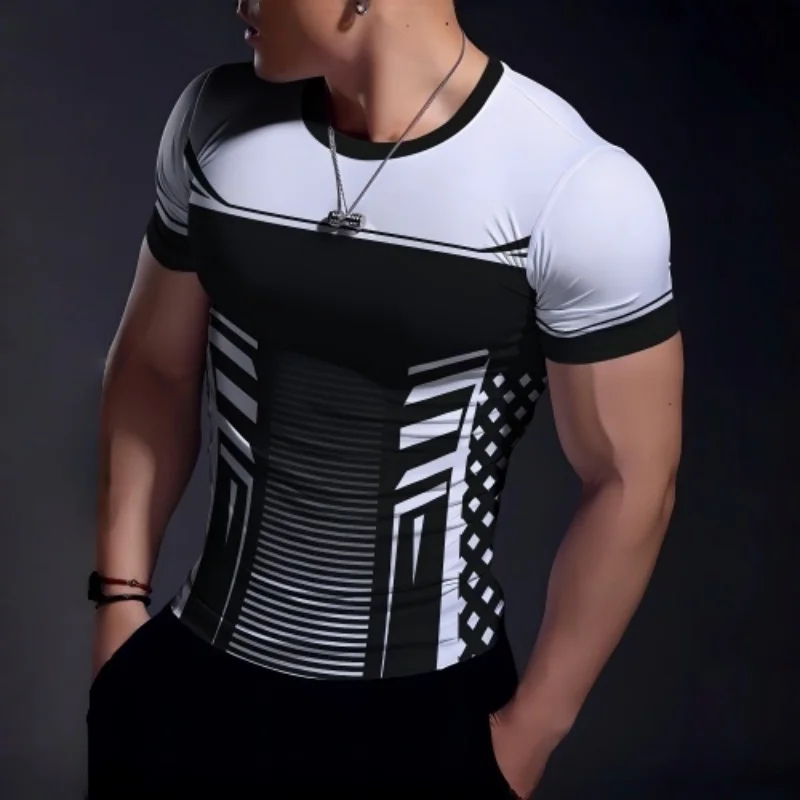 Herren Schwarz-Weiß Farbblock Kompressions-T-Shirt Schnelltrocknend Dehnbar Kurzarm Fitness Muskel-Fit Tees Lauf- und Trainings-Shirts