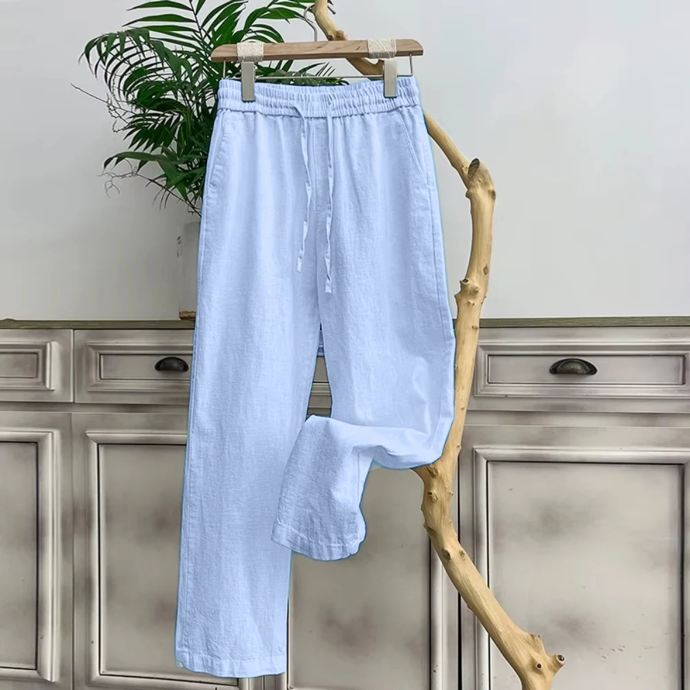 

Summer Men's High-Grade Linen Pants Loose Comfortable Breathable Solid Color Casual Straight Leg Cotton Hemp Trousers Daily