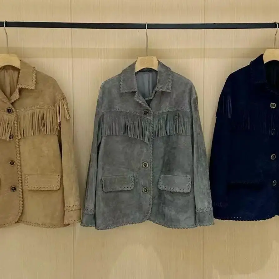 Giacca in pelle scamosciata con frange tinta unita da donna casual autunnale