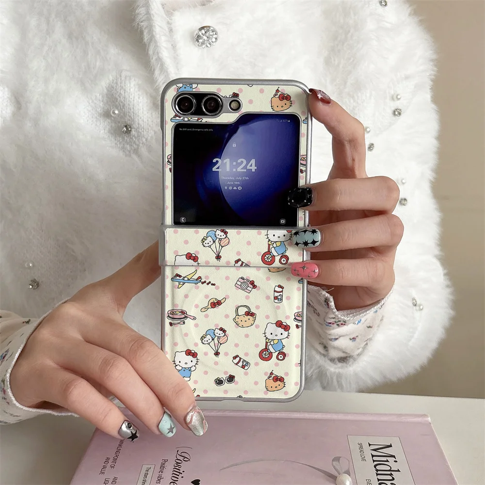New cute polka dot HelloKitty PU leather suitable for Samsung Galaxy Z Flip 7/6/5/4 Flip 5 Flip 6 Flip 4 Fro magnetic version