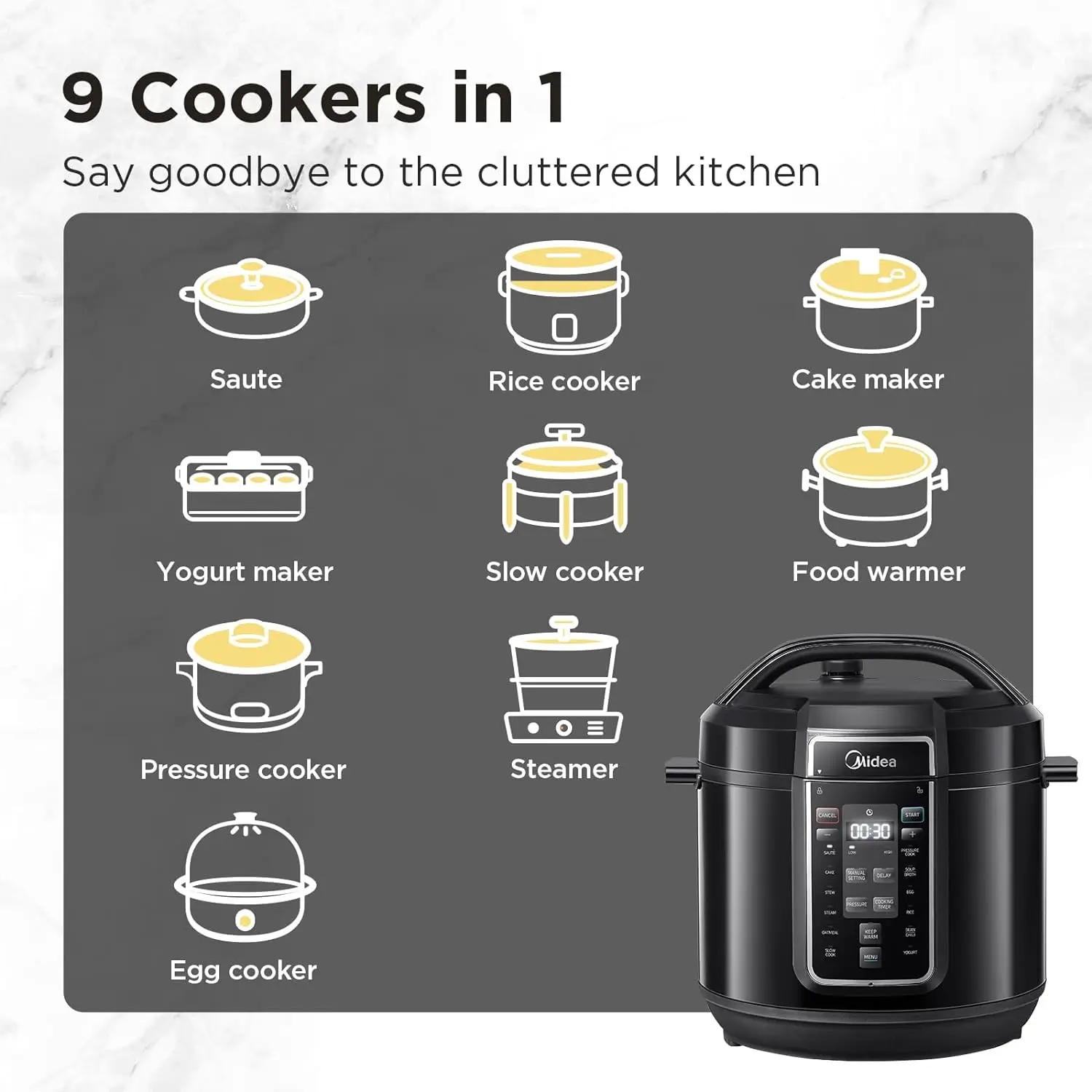 Midea 9-in-1 Electric Pressure Cooker 12 Presets Instant Multi Cooker with Non-Stick Pot, Yogurt Maker, Rice Cooker Sauté, Steam