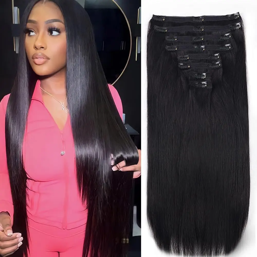 

Straight Clip in Hair Extensions Human Hair Natural Black #1B Women Full Head Brazilian Hair Seamless Clip in Hair Extensions