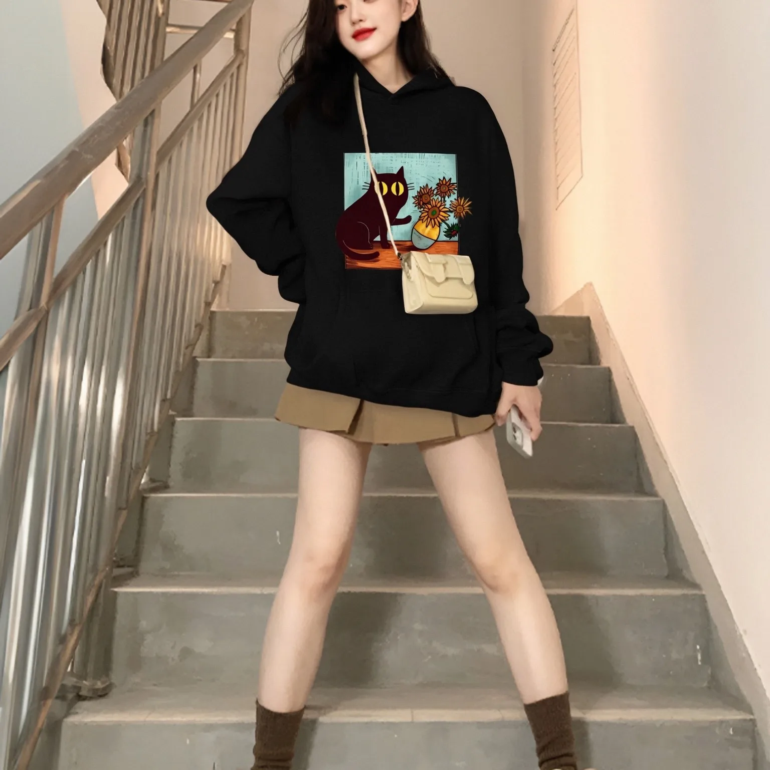 

Толстовка с капюшоном на флисовой подкладке для любителей стиля, винтажный повседневный свободный топ с длинными рукавами, классический элегантный вневременной удобный топ