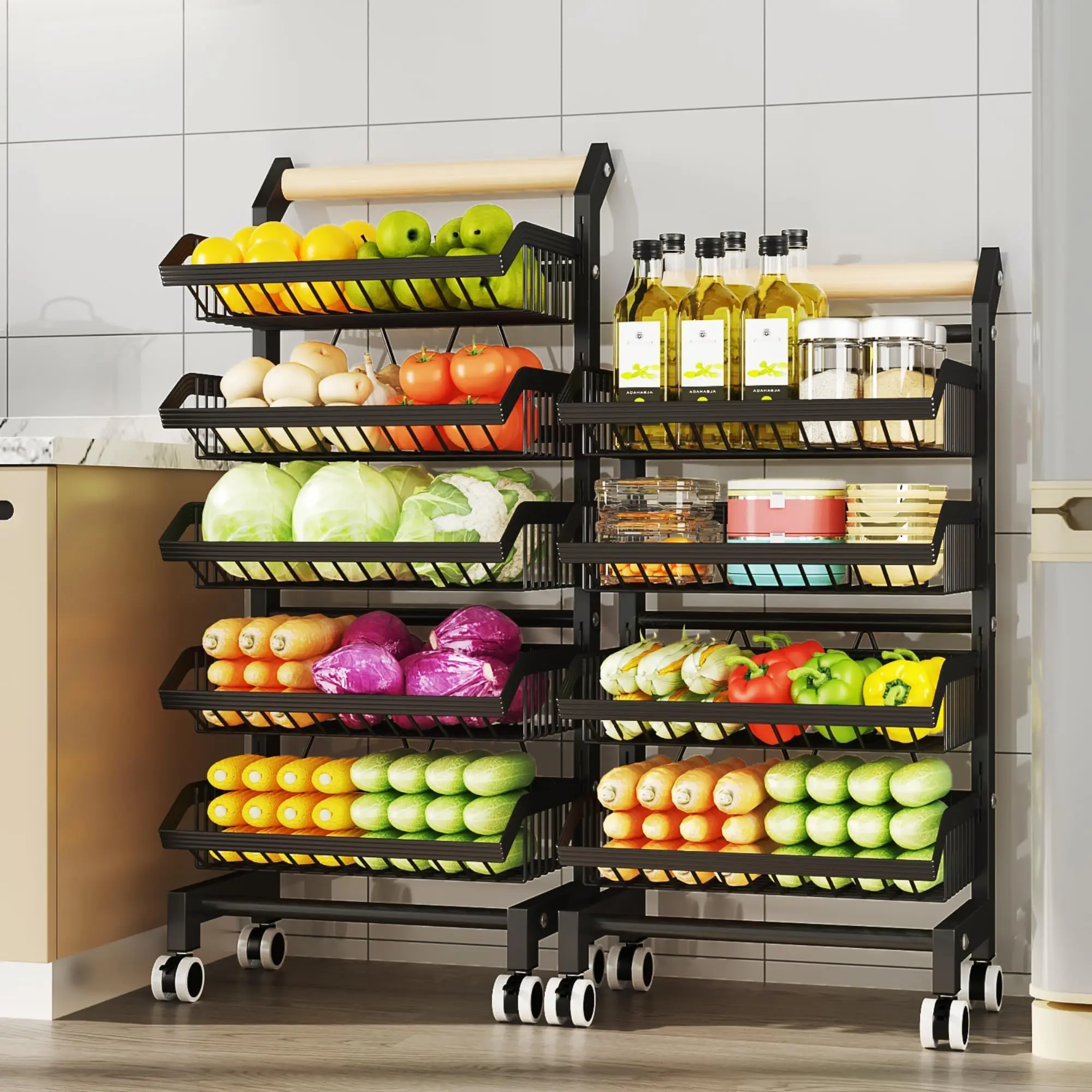 Carrello portaoggetti da cucina a 3, 4 o 5 ripiani, in acciaio al carbonio, con ruote bloccabili e manico in legno, ideale per organizzare frutta, verdura e alimenti, carrello mobile per lo