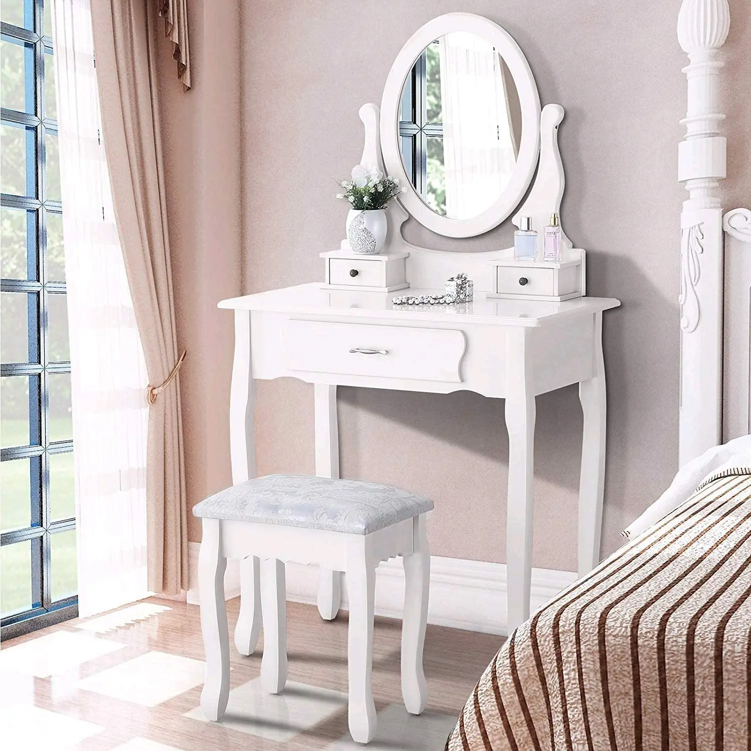 Vanity Desk with Mirror, White Makeup Desk, Vanity Desk with 3 Drawers for Bedroom