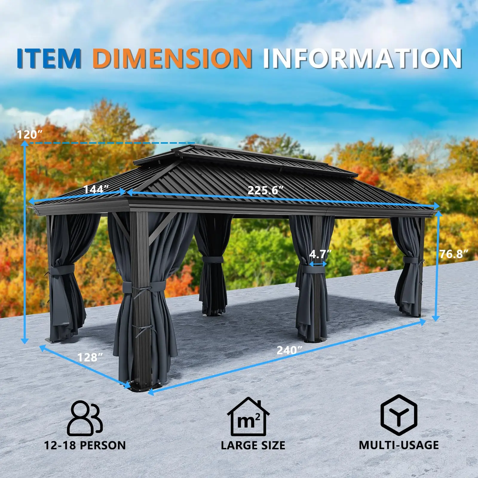 12×20 Hardtop Gazebo with Metal Roof, Heavy Duty Galvanized Steel Gazebo with Reinforced Aluminum Frame, Flame-Resistant Curtain view 3