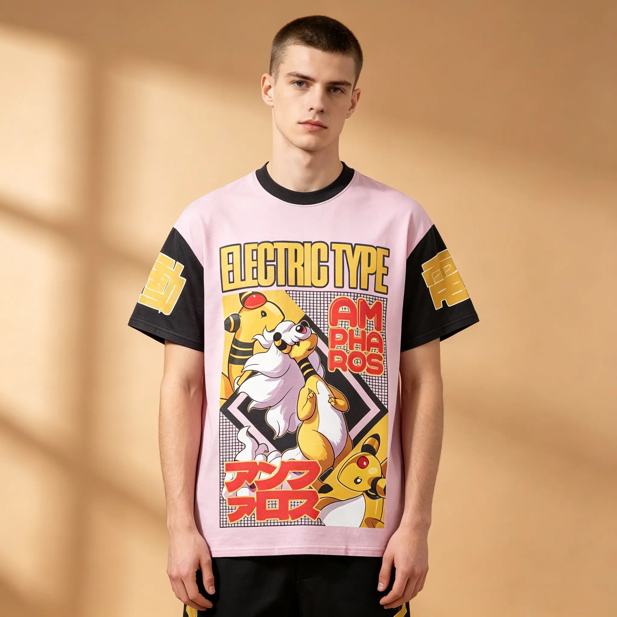 Men's Color Block Raglan Anime T-Shirt, Pokemon Ampharos Electric Type Retro Grid Manga Print Otaku Casual Short Sleeve Top