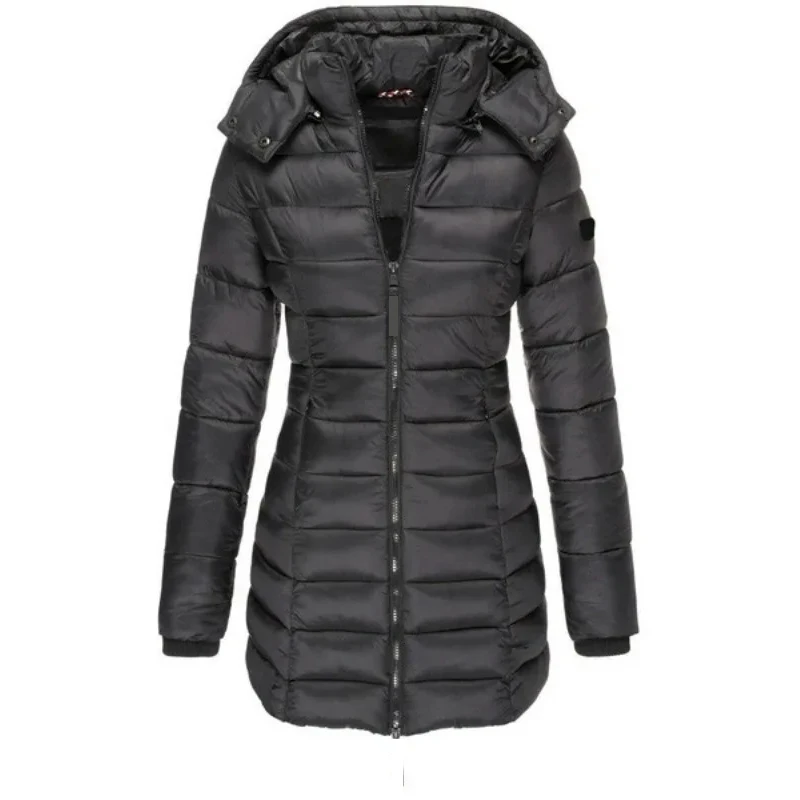 2024 Winter Women Zipper Thick Warm Parkas Solid Color Casual Hooded Long Sleeved Jacket Female Mid-length Slim-fitting Coat Top
