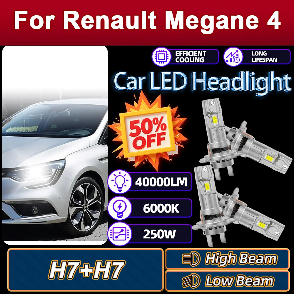 

H7 LED Headlight Bulb 6000K Headlamp 250W Canbus No Error 40000LM For Renault Megane 4 2016 2017 2018 2019 2020 2021 2022 2023