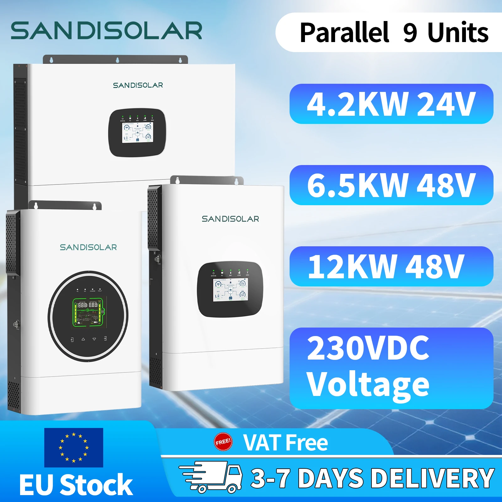 SANDISOLAR 12KW 6.5KW 4.2KW Hybrid Solar Inverter 48V Pure Sine Wave MPPT 90-500VDC 9000W PV Input Off Grid Energy Storage EU Stock