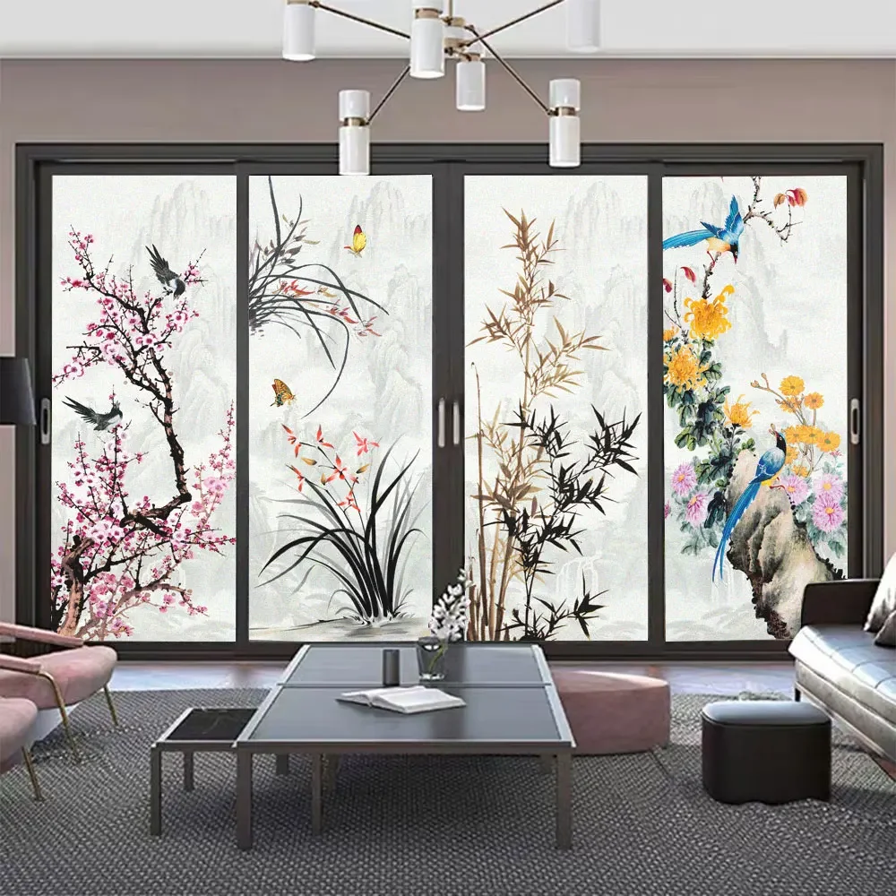 Film de fenêtre de confidentialité, motif floral et bambou, Film de porte en verre dépoli, PVC, sans colle, anti-soleil électrostatique