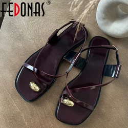 FEDONAS Fashion New Women Genuine Leather Sandals Flats Heels Metal Decoration Party Shoes Woman Comfort Casual Shoes Sandals
