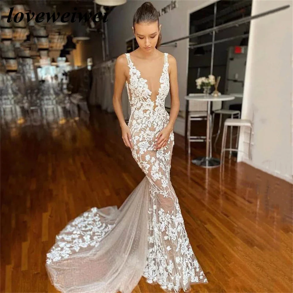 Abito da sposa a sirena in pizzo Sexy abito da sposa Boho con scollo a v e scollo a v senza schienale treno personalizzato Vestido De Noiva vestido de noiva