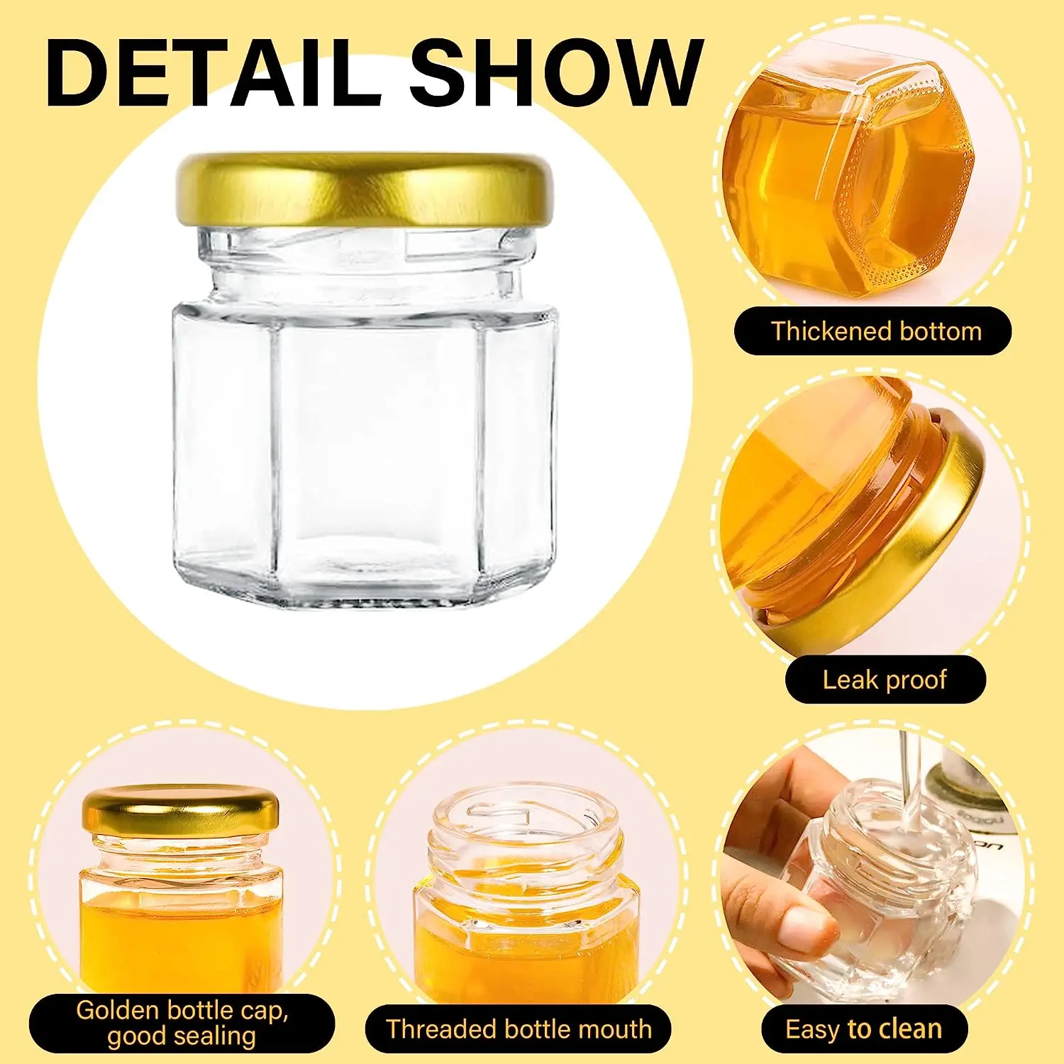 Hexagon honey jars with dipper,gold cover,bee pendant,Gold Gift Bags,rope,Thank-You Tags,Glass Honey jars with lids,Baby Shower