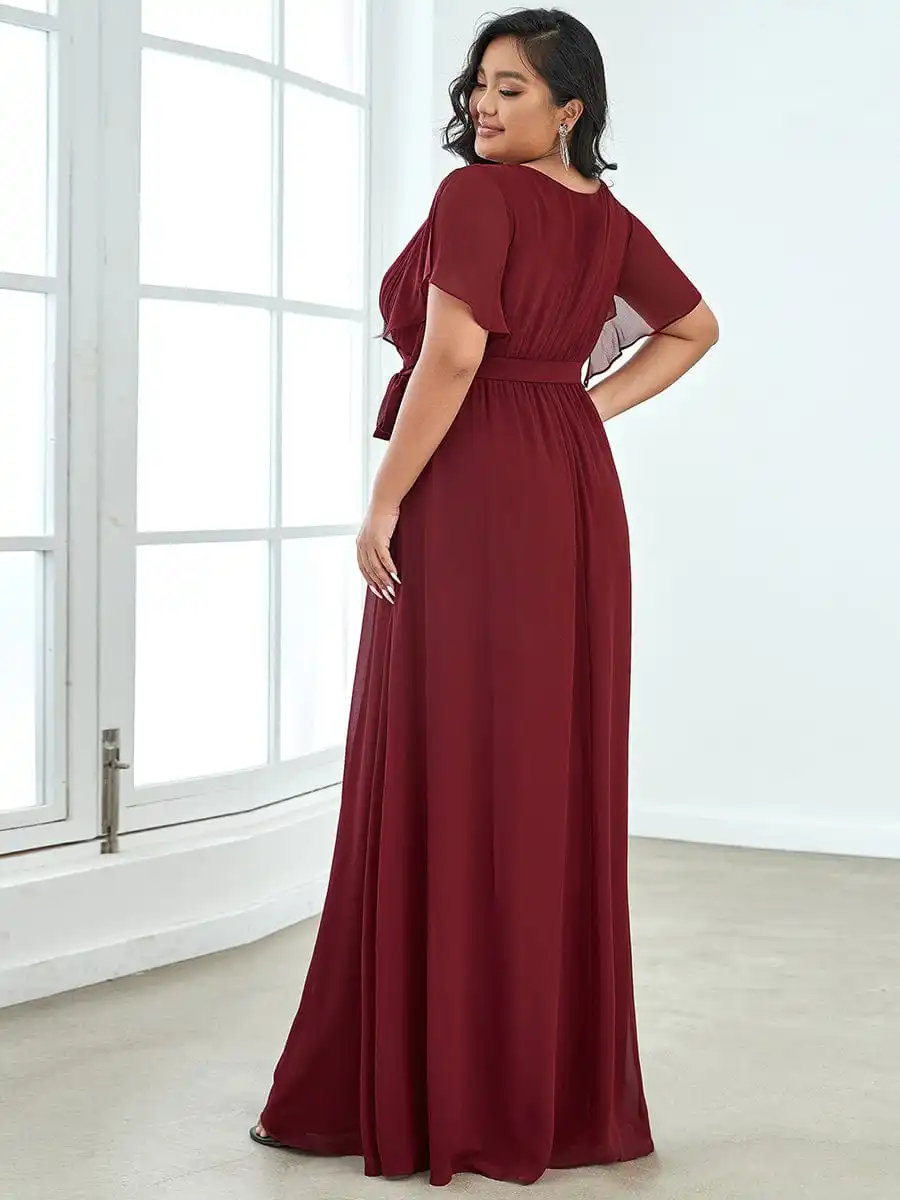 LoveDoris Bridesmaid Dress Chiffon Long Dress A-line Evening Prom Dress Short Sleeves Burgundy Wedding Party Dress