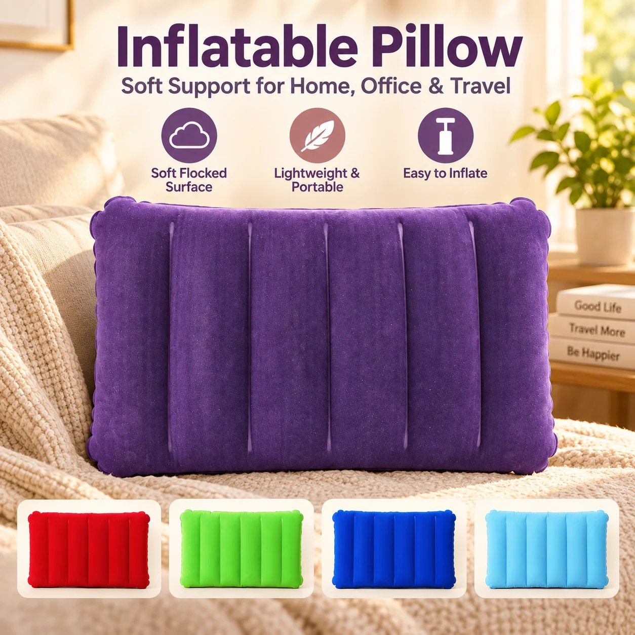 Inflatable Pillow Soft Flocked Surface Comfortable Back Support Cushion for Home Office Travel Resting Reading Camping Portable