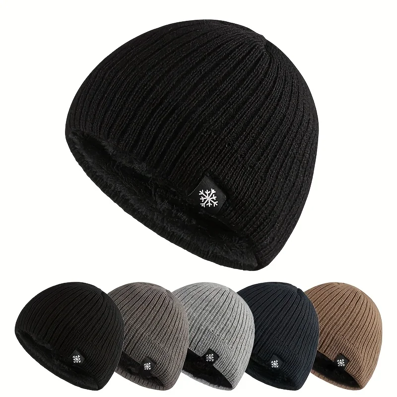 Autumn Winter Uni Fleece Lined Knitted Beanie Loose Warm Ear Protection Thick Woolen Hat Windproof Outdoor Ski Hiking