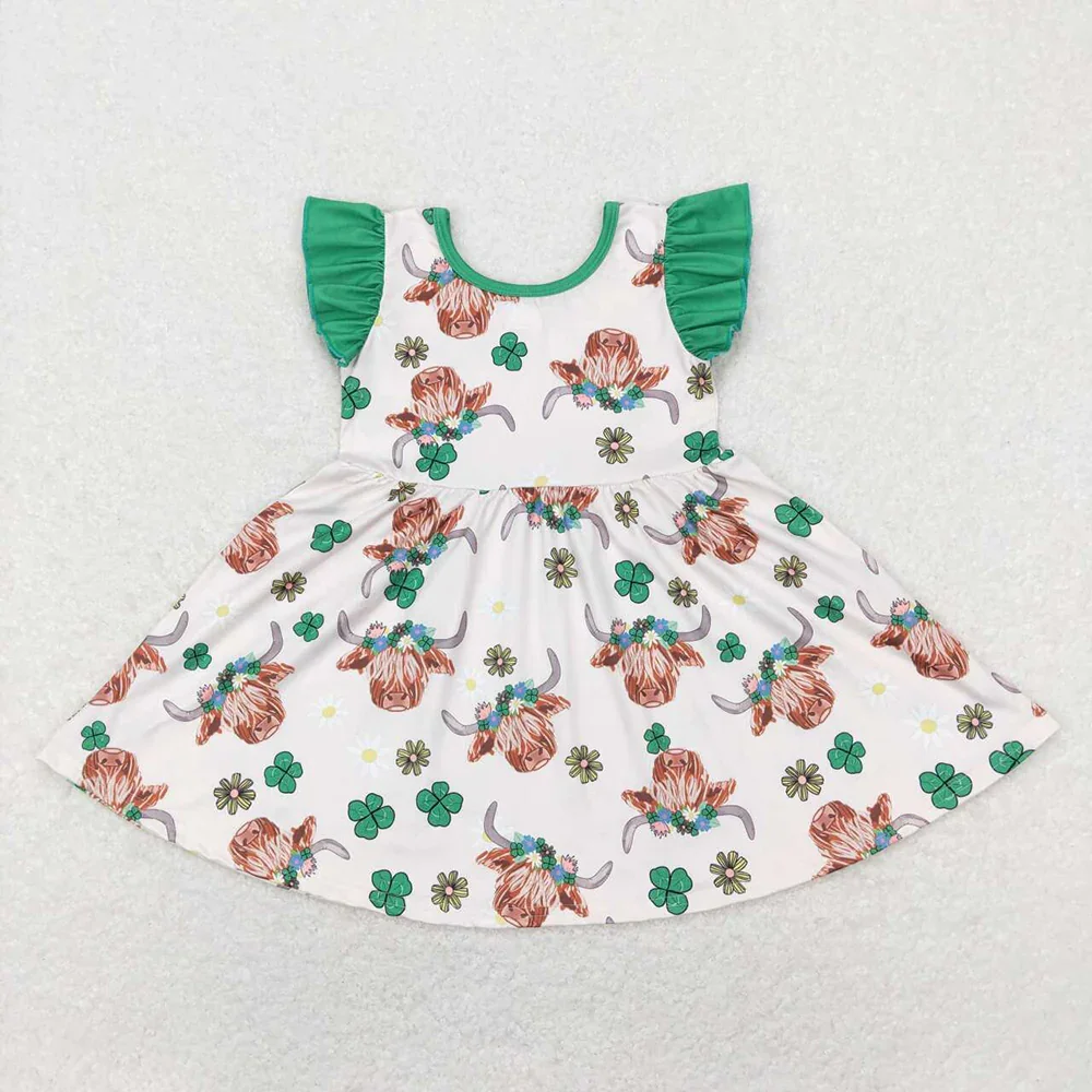 New Western Summer Match Baby Girls St Patrick Highland Cow Dresses Outfits Suits Wholesale Boutique Kids Clothes Suit