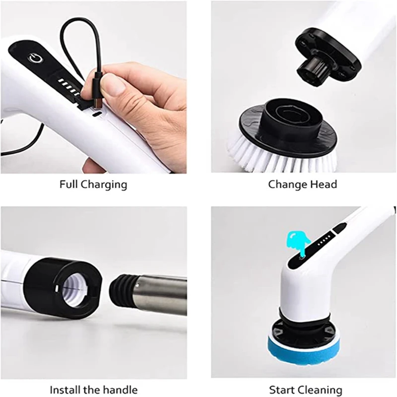 Electric Spin Scrubber Cleaning Turbo Scrub Brush with 7 Replacement Brush Heads Adjustable Handle Kitchen Bathroom Clean Tools