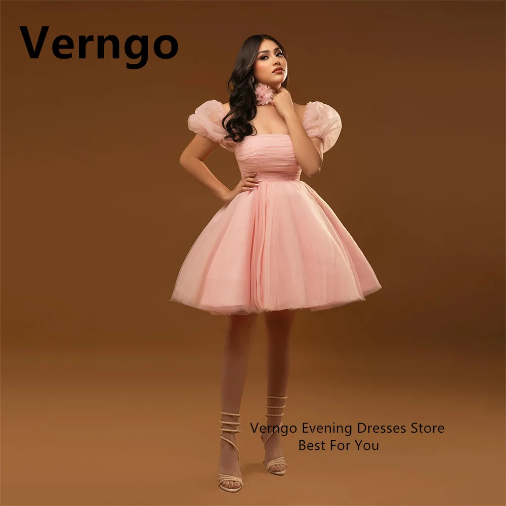 Verngo Blush Pink Tulle Mini Party Dress For Women Short Puff Sleeves Girl Birthday Dress A Line Short Evening Dress