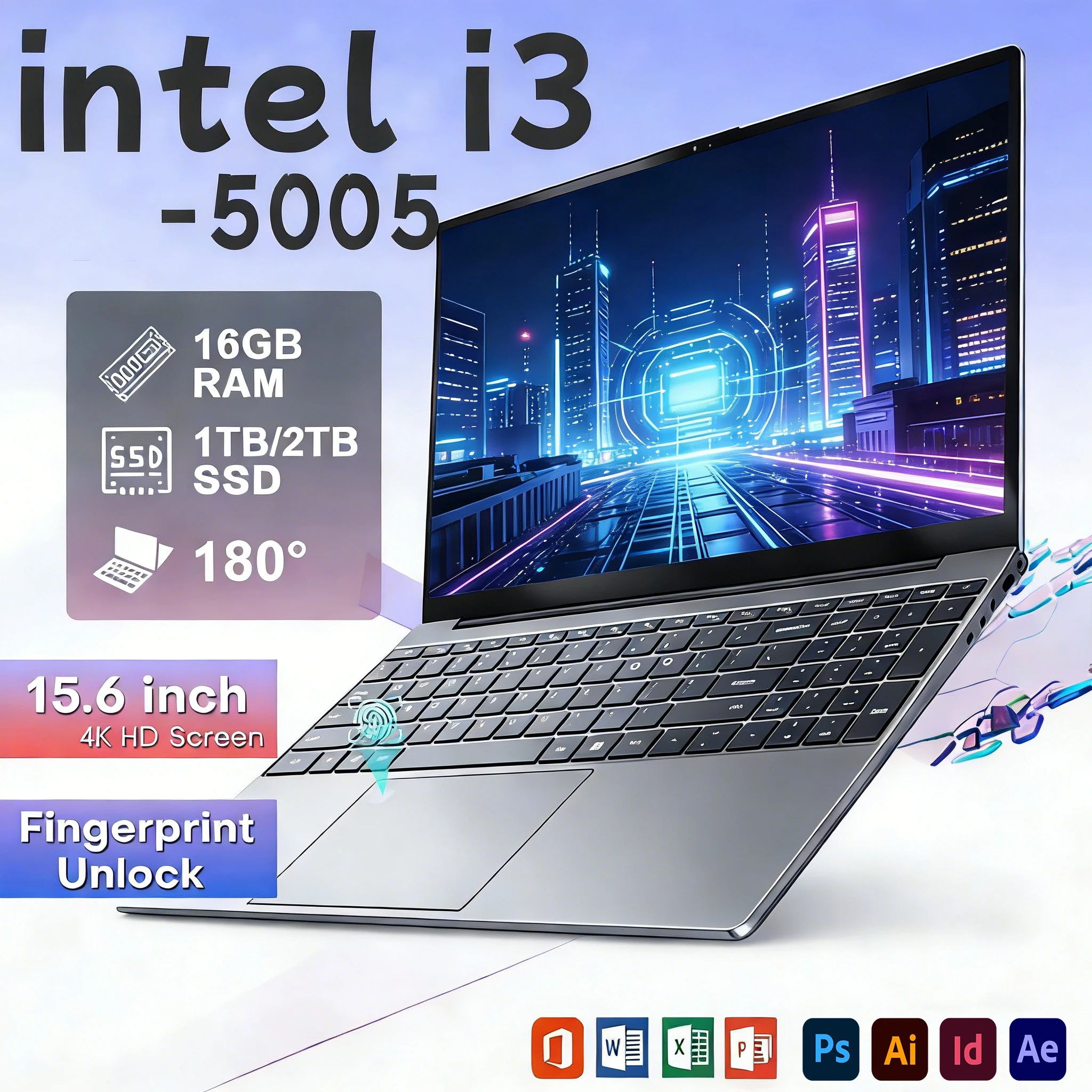 2026 15,6 inch Windows 11 Laptops Gaming Computer Vingerafdruk Ontgrendeling Notebook Intel Core i3 5005 Computer 16GB RAM 1/2TB SSD Laptops