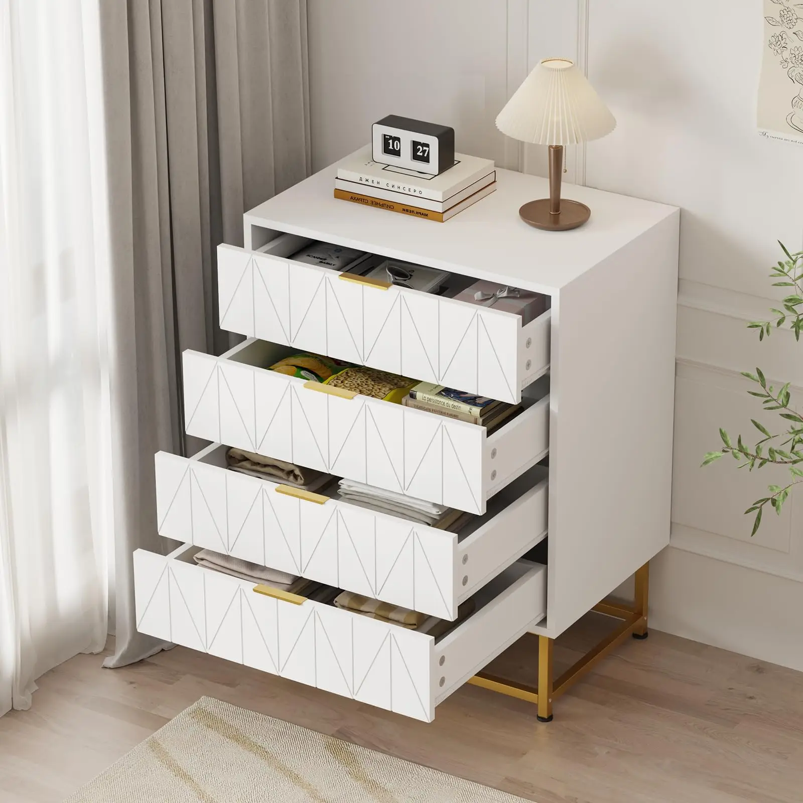 Modern Wooden Chest of Drawers with Large Storage Space 4-Drawer Design for Living Room & Bedroom Sturdy Metal Legs Elegant Gold Handles for Clothes & Items