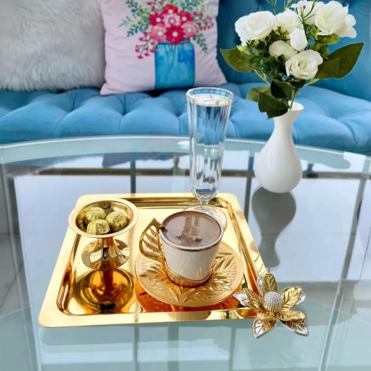 2 Pieces Luxury Lily Flower Stainless Steel Square Gold Coffee, Tea, Decorative Presentation Serving Tray Storage Gift Tray