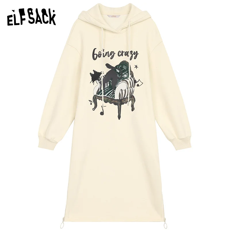 ELFSACK 2024 Winter New Arrivals White loose casual cartoon print sweater long dress for women