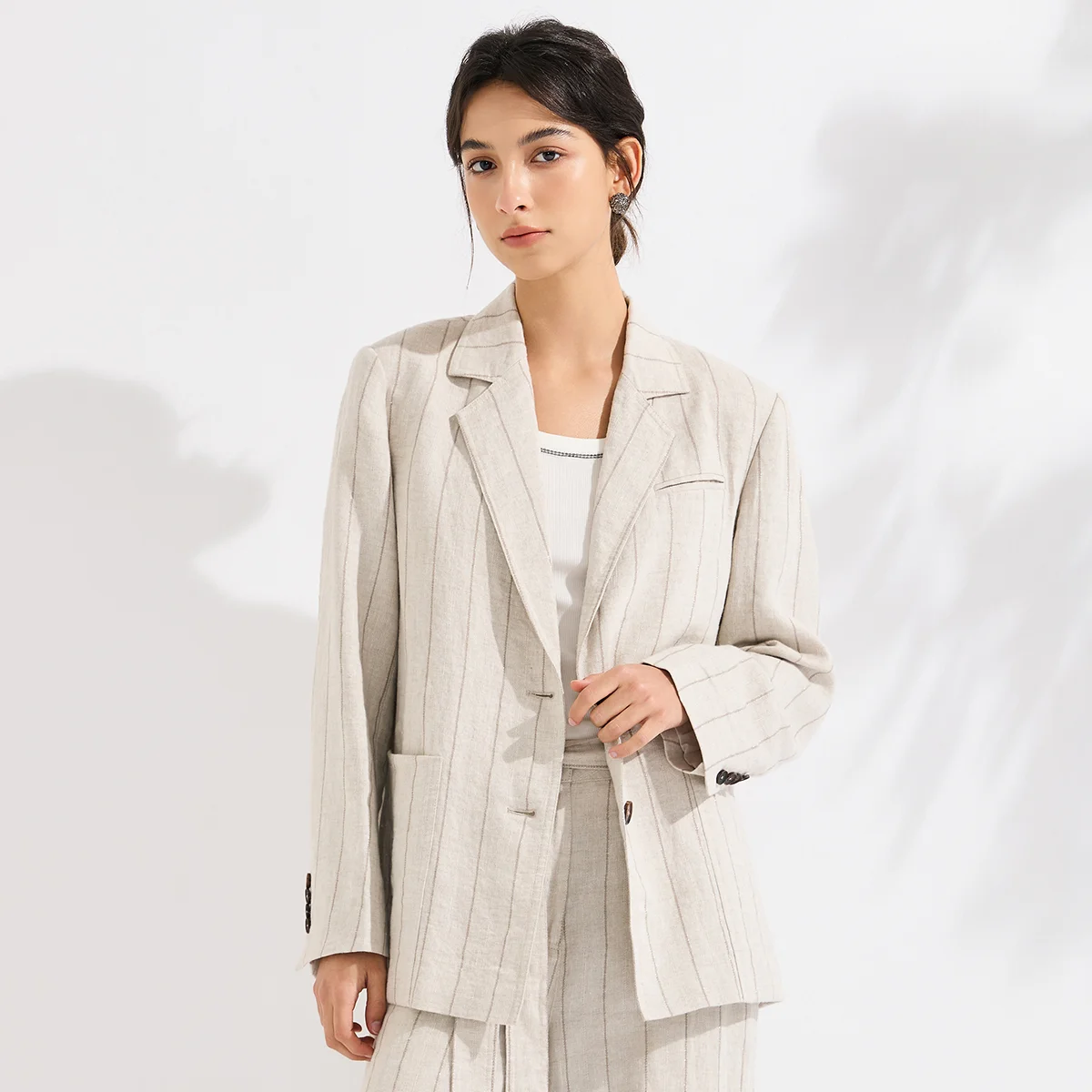 KX9613610 Luxury Ramie Striped Blazer Women Metallic Fiber Elegant Business Suit Jacket Loose Fit Designer Outwear