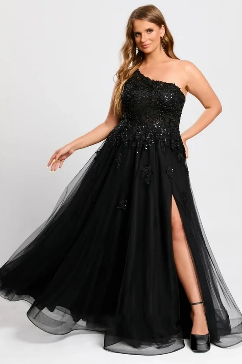 Jessica czarne suknie wieczorowe cekinowe hafty suknie balowe seksowne jedno ramię tiulowa linia A Vestidos De Fiesta dostosowane