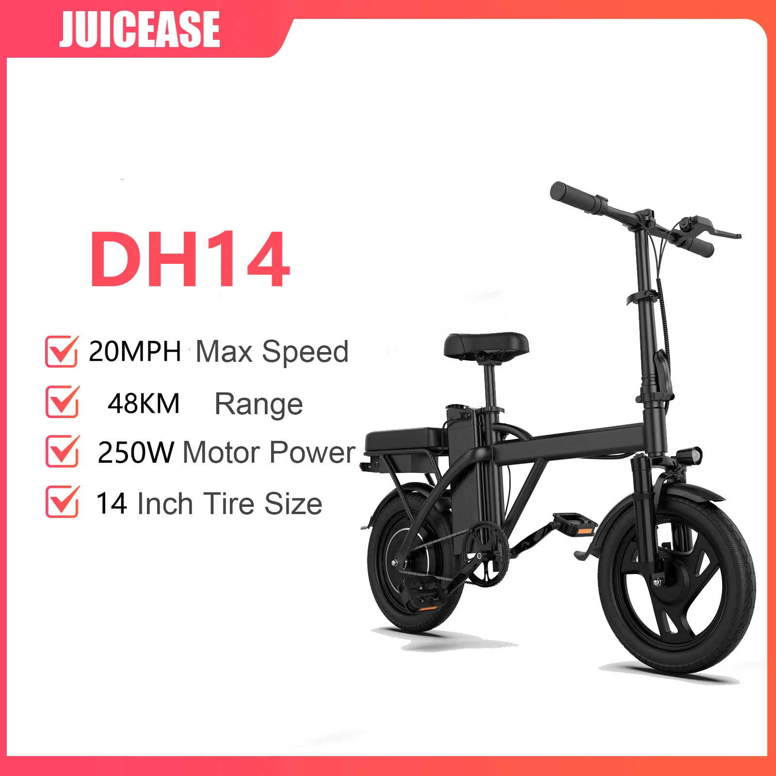 JUICEASE DH14 Elektrische fiets Maximale snelheid 25 km/u Bereik 48-64 km Fiets 250 W Krachtige motor Dubbele schokdemping Stads elektrische fiets