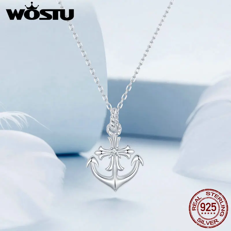 WOSTU 925 Sterling Silver Anchor Necklace Ocean Series Zircon Pendant Adjustable Chain for Women Gift Fine Jewelry