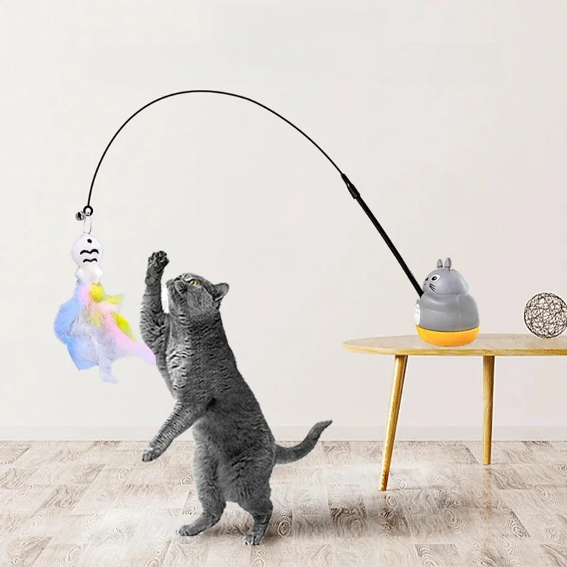 Nouveau chat drôle chat bâton fil d'acier longue pôle plume mignon chat jouet chaton pêche rotatif auto-plaisir soulagement jouet pour animaux de compagnie