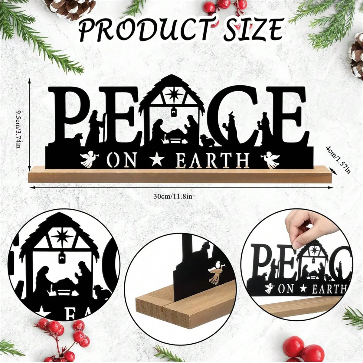 1 قطعة الحلي المعدنية لزينة عيد الميلاد مشهد المهد المعدني الأسود مع قاعدة خشبية للمنزل مكتب الرف ديكور للطاولات #6