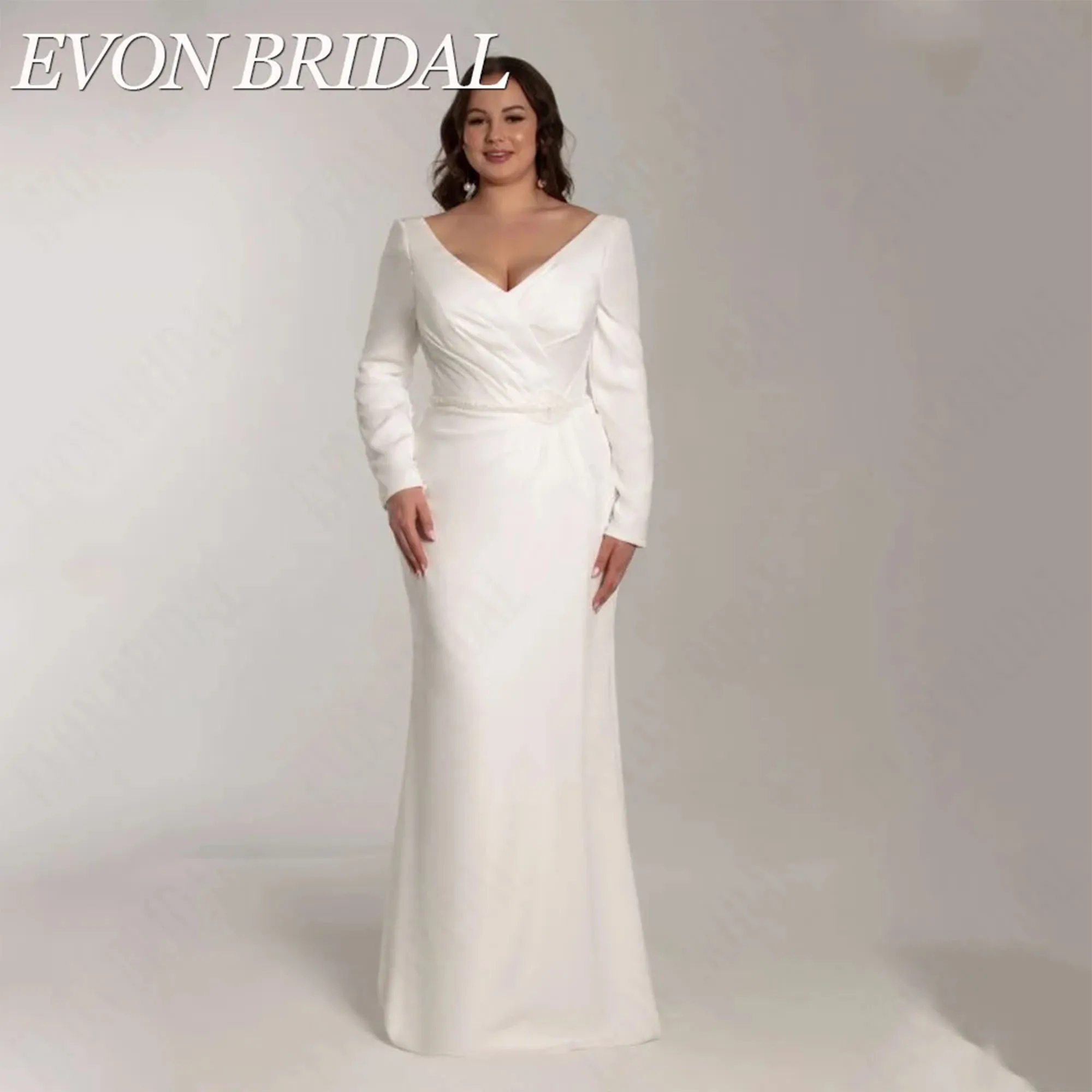 

EVON BRIDAL Customized Mermaid Wedding Dresses Long Sleeves Double V-Neck Bride Gowns Satin Plus Size Civil vestidos novias boda