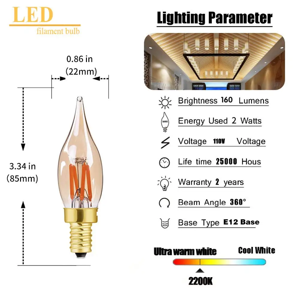 10PCS C22 Led Flame Lamp 0.5W 2W 2200K Edison Dimmable LED Filament Candle Light Bulbs E12 E14 Retro Chandelier Decorative Lamp